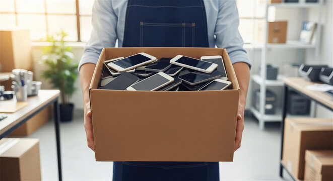 Electronic waste recycling concept with man holding box of old smartphones, used mobile phones for disposal, tech hardware sustainability