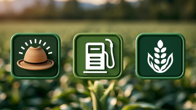 Farming profitability under oil shock concept with farmer hat, fuel pump, and crop icons over a blurred countryside field background, illustrating rising production costs and agricultural economics.