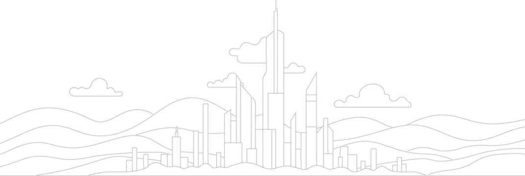 Minimalist black and white line art illustration of a futuristic city skyline featuring tall skyscrapers, rolling mountain peaks, and stylized clouds in a panoramic landscape format.
