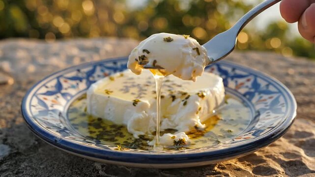 Delicious Feta Cheese Drizzled With Olive Oil And Fresh Herbs On A Decorative Plate Capturing Mediterranean Culinary Charm