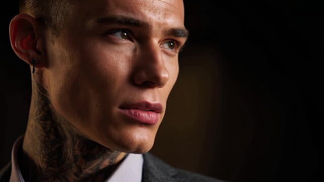 Tattooed man gazes thoughtfully, ear piercing visible