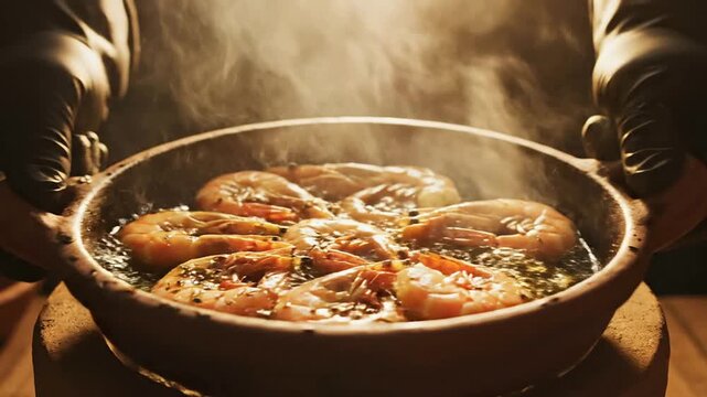 Delicious Shrimp Cooking in Traditional Clay Pot with Steam and Aromatic Enhance in Warm Kitchen