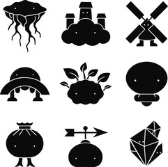 Set of abstract fantasy and nature themed vector icons with jellyfish windmill creature abstract © Tetewa