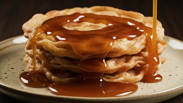 Delicious Stack of Golden Brown Pancakes Drizzled with Rich Caramel Syrup on a Speckled Plate in a Warm Setting