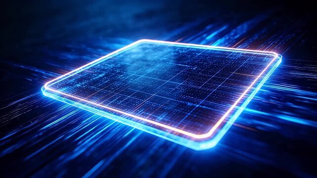 Futuristic rectangle interface with blue orange neon grid and glowing points in dark scene