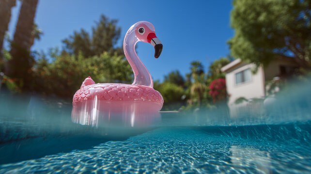 A detailed eye level outdoor photograph showcases a pink flamingo pool float, made of a translucent plastic material, situated in a clear. Ai generated