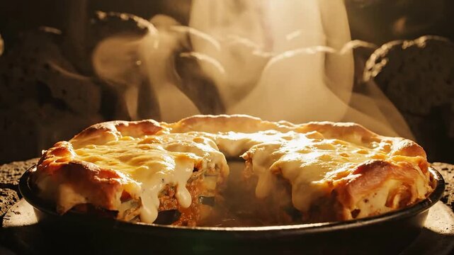 Deliciously Baked Lasagna with Gooey Cheese in a Rustic Cast Iron Skillet Surrounded by Steaming Hot Aromas and Stone Textures in Culinary Presentation