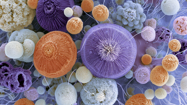 A detailed macro image of an abstract microbial landscape, featuring numerous circular and amoeboid forms. Ai generated