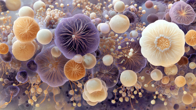 A detailed macro image of an abstract microbial landscape, featuring numerous circular and amoeboid forms. Ai generated