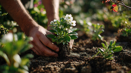 Fototapeta premium A person's hands are shown up close, carefully placing a small plant with white flowers and green leaves into the soil. the soil is dark and textured. Ai generated