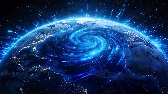 Planet Earth surrounded by swirling blue light bands and glowing city lights in a starry space