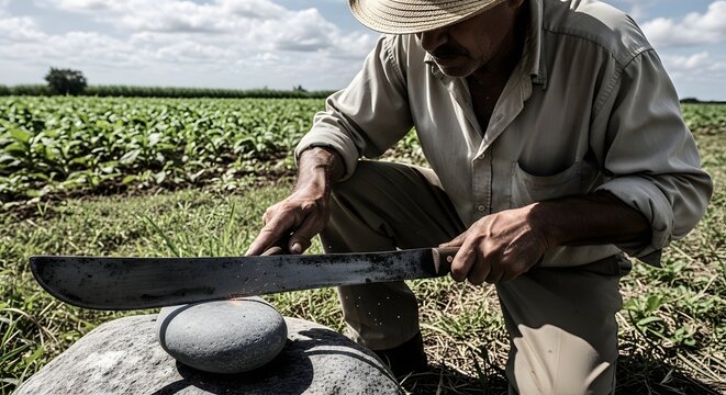 Farmer sharpening machete with rock in field, preparing for work in crop field under clear sky.