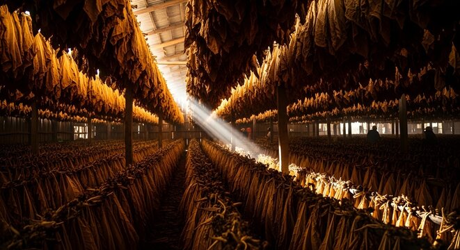 Rows of dried tobacco leaves hanging in rows within a large barn, bathed in light beams.