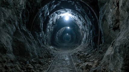 Fototapeta premium Mysterious Underground Mine Tunnel with Dim Lighting and Rough Walls