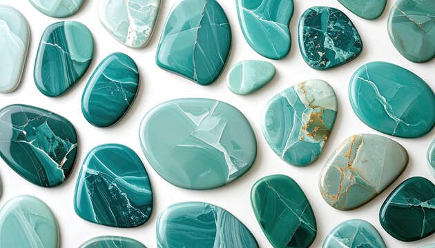 Collection of Smooth, Polished Green Gemstones on a White Background.