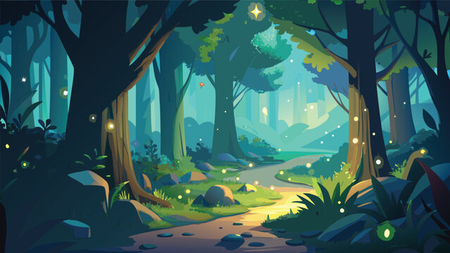 Enchanted forest path with fireflies during twilight with glowing magical effect vector illustration