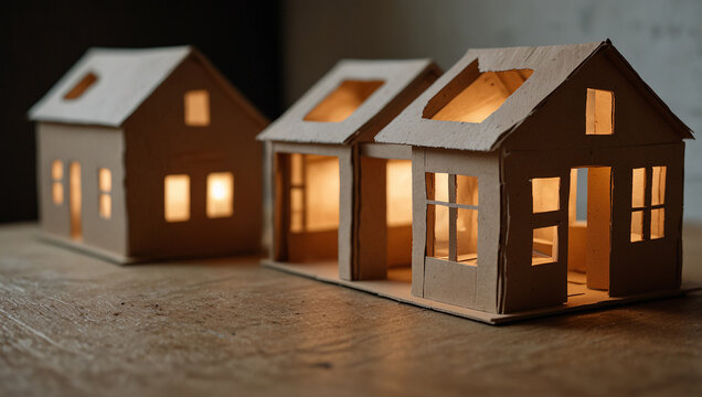 Affordable housing a warm, welcoming house model crafted beautifully from light cardboard and soft natural fabrics. Created using generative AI tools