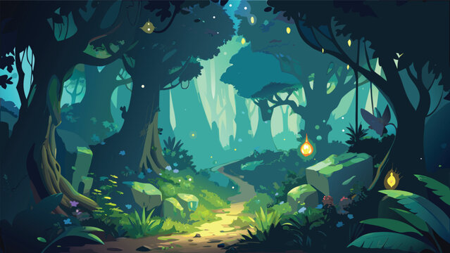 Enchanted forest path with glowing lanterns and mystical flora during twilight vector illustration