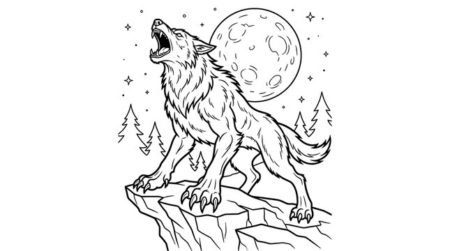 Wolf howling at full moon night line art with wildlife fullmoon illustration coloring wilderness mountain mystical creature predator landscape adventure outdoors mythology creative