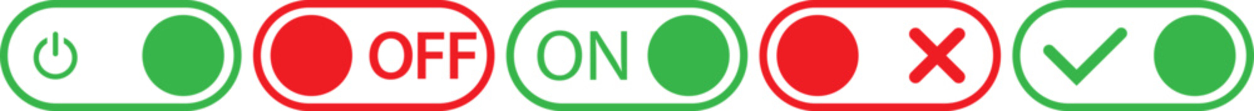 toggle switch buttons set in gray green red showing on off states for user interface control isolated on white. Minimalist graphic design showing enable and disable toggle switches for user interface 