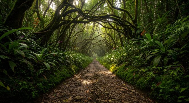Mystical forest path under arched tree canopy with morning light rays.