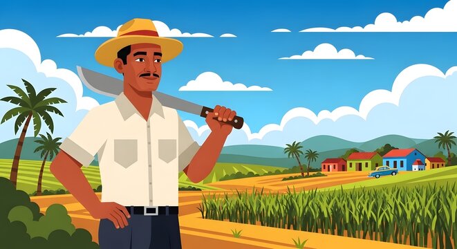 Cuban farmer stands in lush sugar cane field under blue sky, holding a machete over his shoulder.
