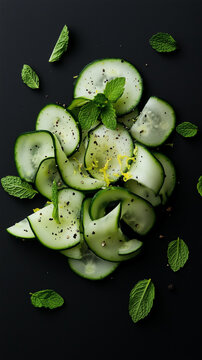 Cucumber ribbon geometric plating with artisan lemon zest, fresh mint leaf and precisely crushed black pepper
