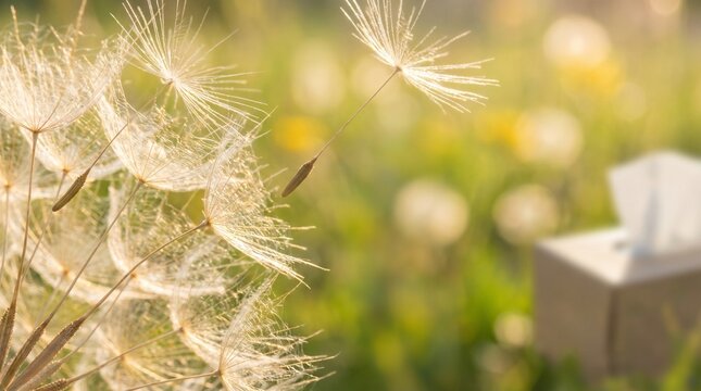 Dandelion seeds blowing in the wind with a tissue box in a field
