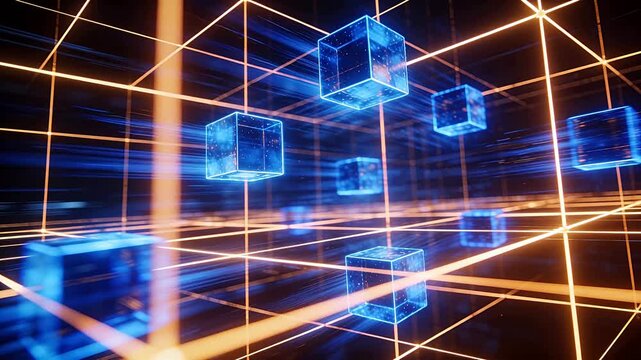 Semi-transparent blue glowing cubes floating in orange grid 3D digital space