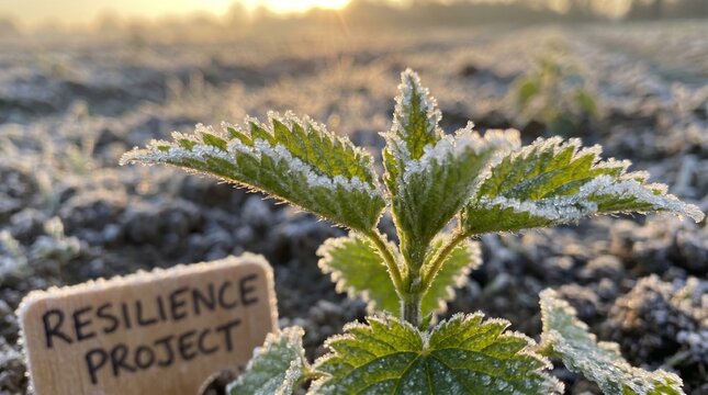 A small stinging nettle plant covered in frost in a field at sunrise