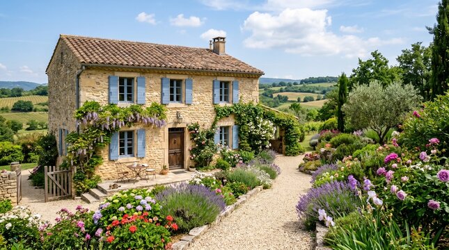 Charming rustic stone cottage with blue shutters in a lush garden in france