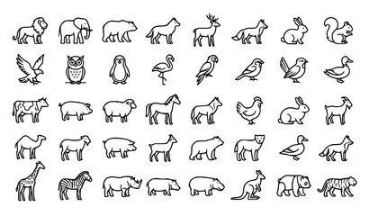 Farm and Wild Animal Outline Icon Collection Vector Set © Songkari