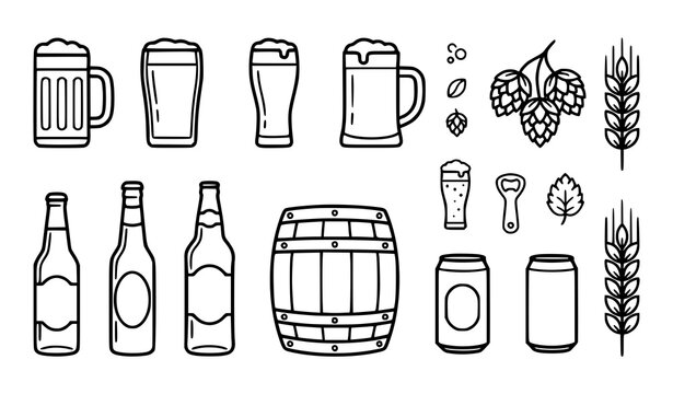 Beer Brewing and Brewery Outline Icon Collection Vector Set