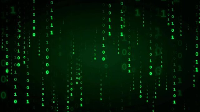 Digital rain of green binary code falling on a dark background for technology concepts