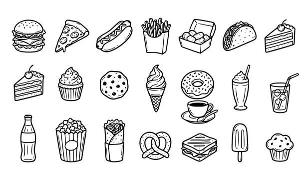 Fast Food and Dessert Outline Icon Collection Vector Set