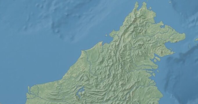 Brunei on Globe. Zoom into the country with Earth spinning on dark background. Physical world map with Brunei and label on it. Country view animation.