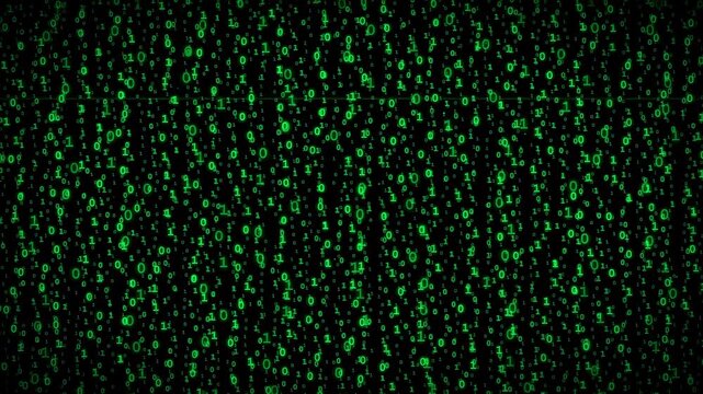 Digital green binary code raining down on a black background for technology and data concepts