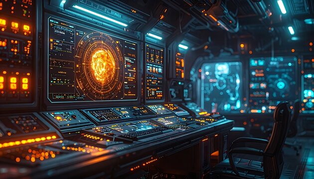 A futuristic control room with glowing screens and panels