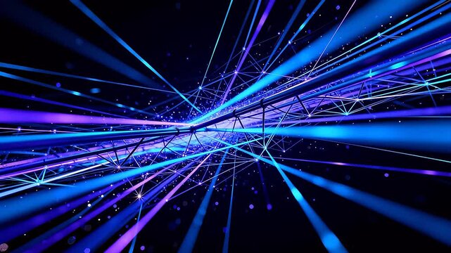 Abstract digital network with purple and blue glowing lines converging to center