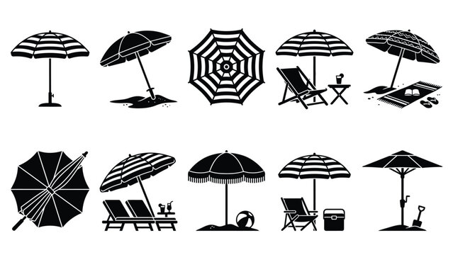 Black silhouette beach umbrella icons set featuring summer holiday scenes with parasols and coastal equipment.