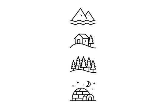 winter landscape icons set line art on white background mountains waves house tree forest igloo