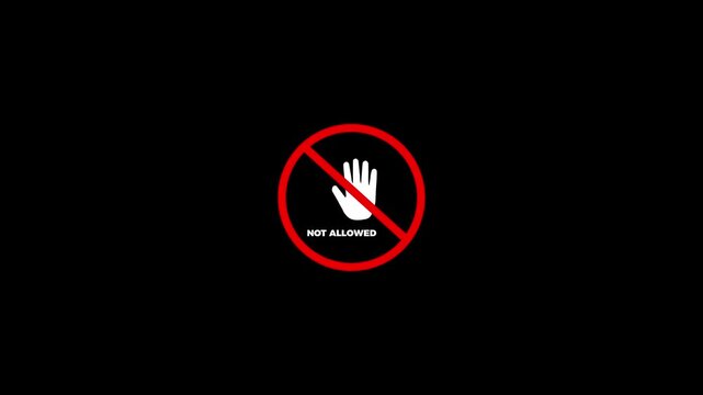 Red no entry symbol with hand gesture and not allowed text on black background