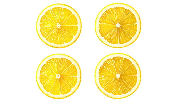 Four vibrant, circular lemon slices are arranged against a stark black background, showcasing their juicy interiors and defined exteriors