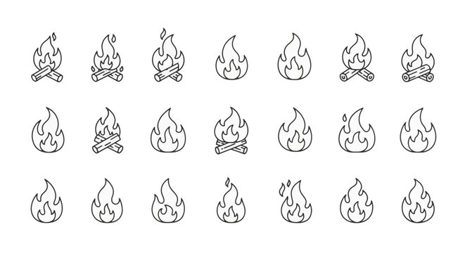Collection of minimalist campfire and flame outline icons featuring various bonfire designs with logs and isolated fire symbols in black line art style on a white background.