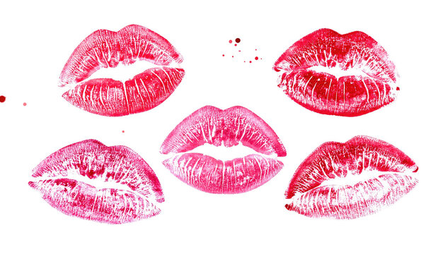 Five stylized red lip imprints displayed against a stark black background. Different shapes and shades of red are visible