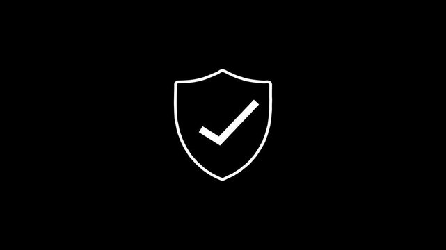 Minimalist security shield icon with check mark isolated on black background