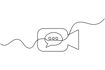 Obraz premium Video call continuous line art vector of camera icon with speech bubble