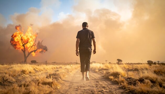 Man walking away from burning tree.