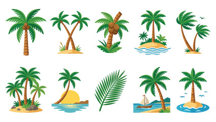 Fototapeta premium Collection of colorful tropical palm trees and beach scenes on transparent background.