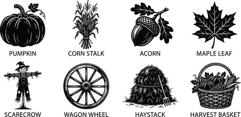 Autumn Harvest Silhouette Icon Set Featuring Pumpkin Corn Acorn Scarecrow Haystack and Farm Elements © MDSHAHIDUL